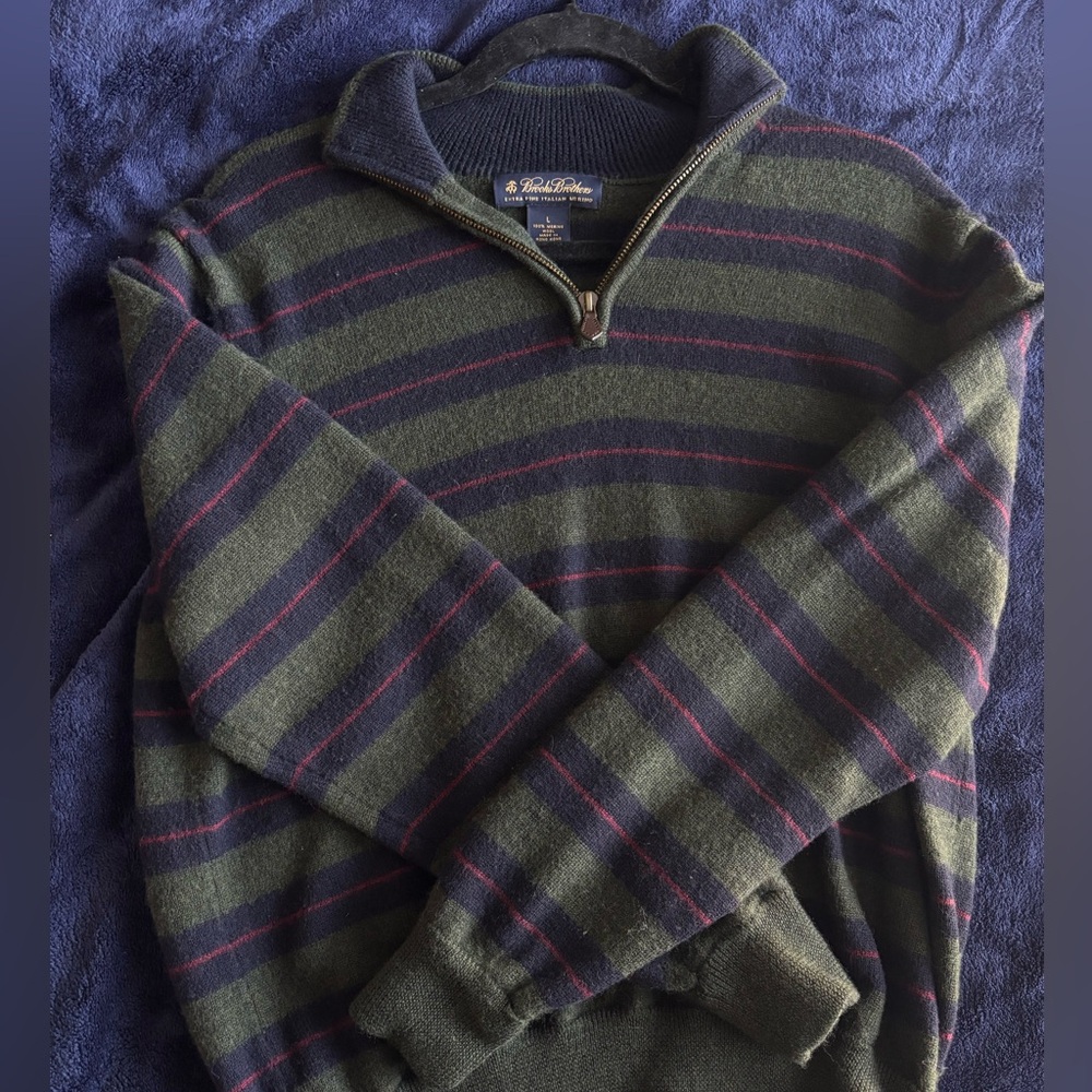 Brooks Brothers Green Striped Zip-Up Vintage Italian Merino Wool Sweater | L
